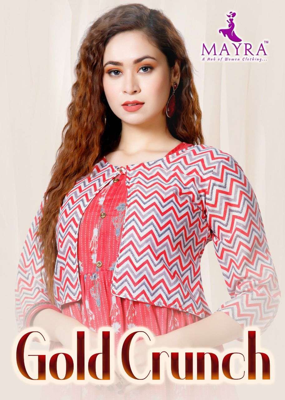 mayra gold crunch series 23001-23006 rayon capsul 14 kg  gold print kurti 