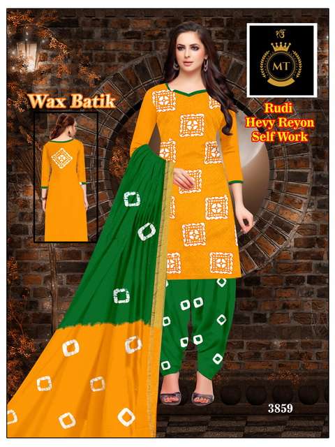 MT Rudi series 3861-3870 Pure Rayon Wax Batik With Self Embroidery Work suit