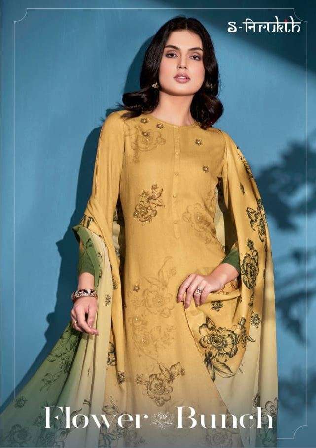 s nirukth flower bunch pashmina twill print with embroidery work suit 