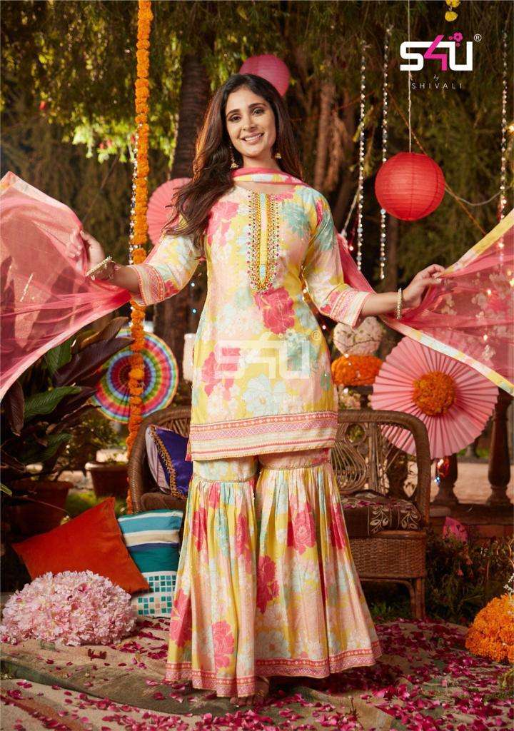 s4u 640 design combo set kurti with sharara and dupatta