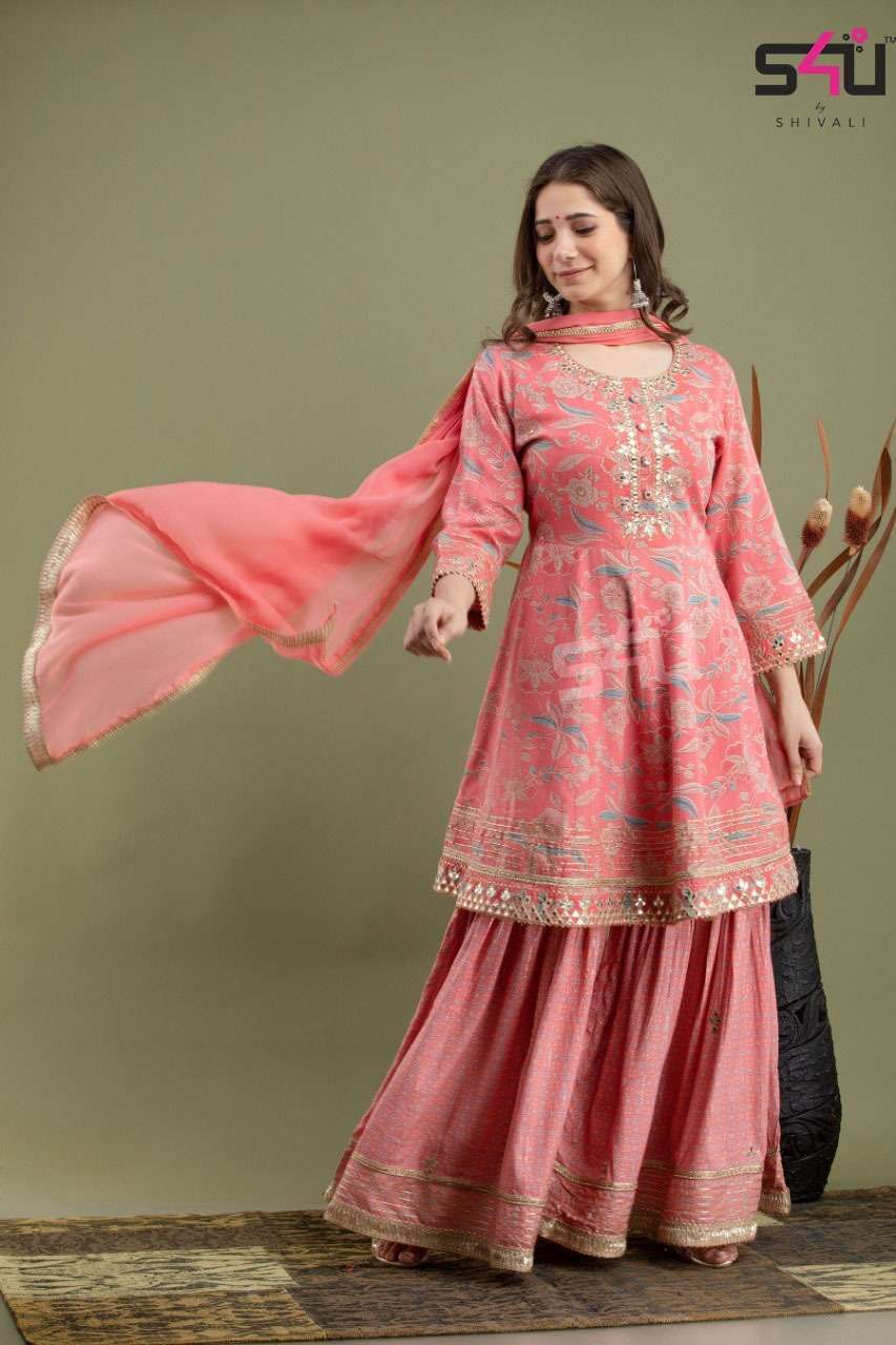 s4u 667 design combo set of exclusive kurti with sharara and dupatta
