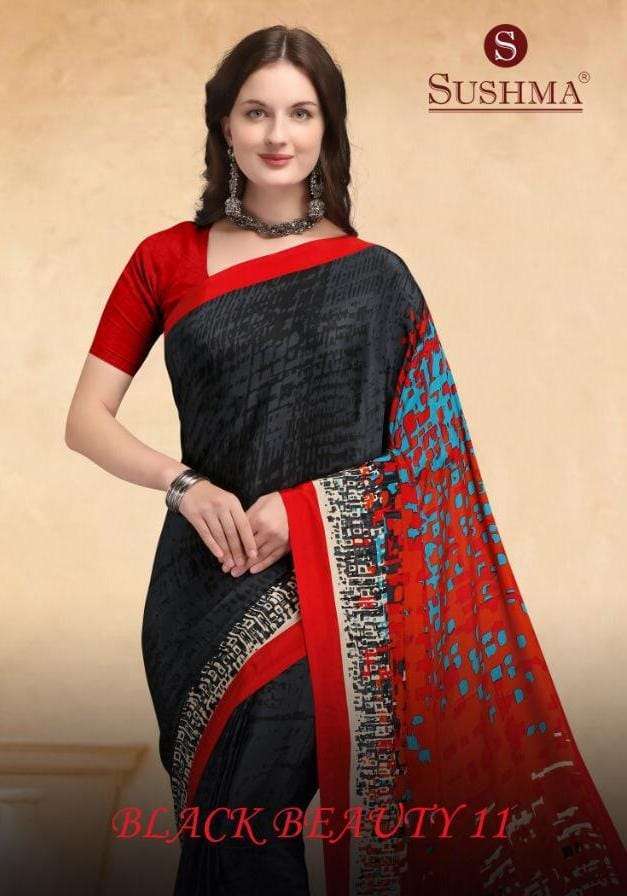 sushma black beauty vol 11 series 26003 crape printed saree