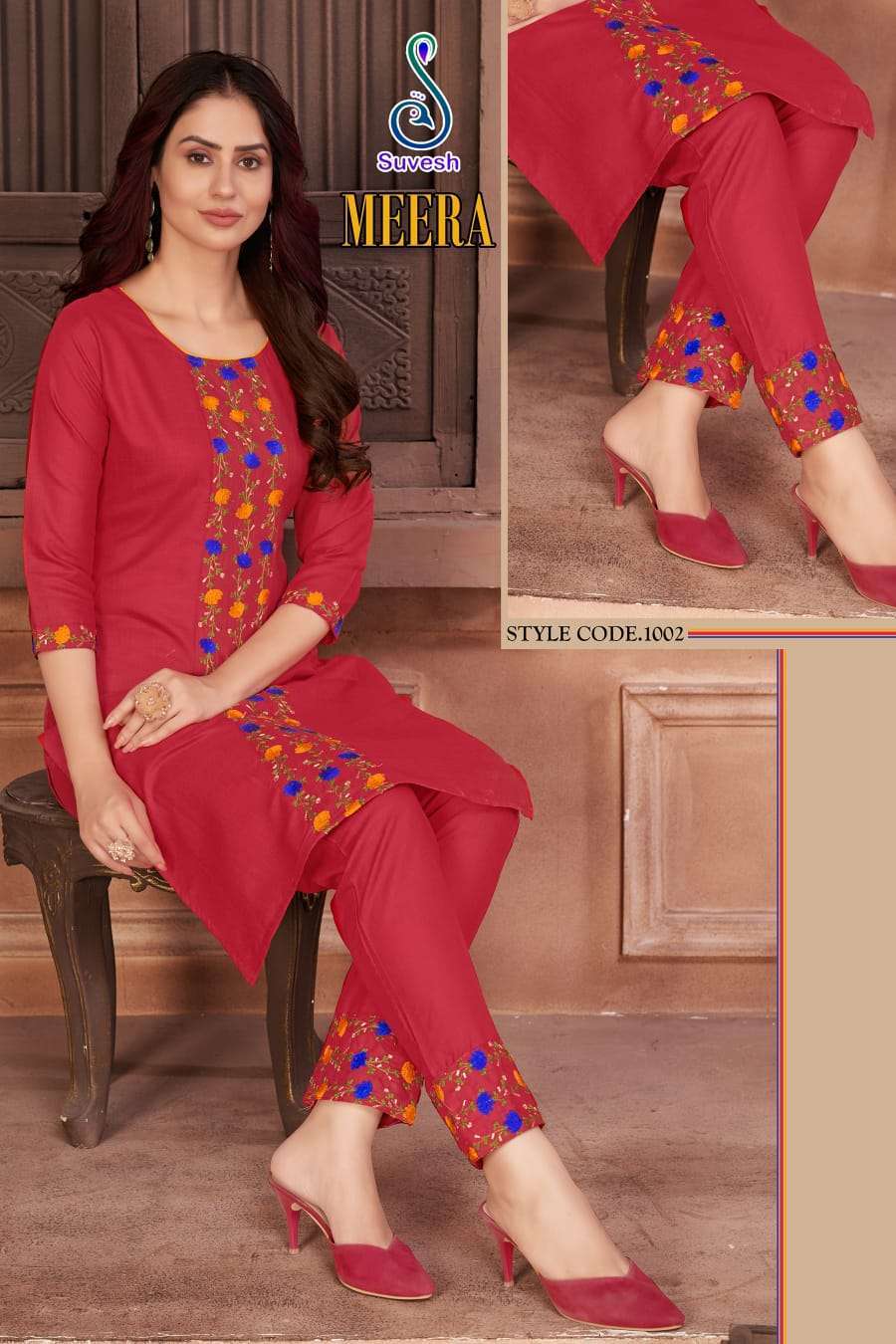 suvesh mira series 1001- 1005 ruby cotton embroidery work kurti 