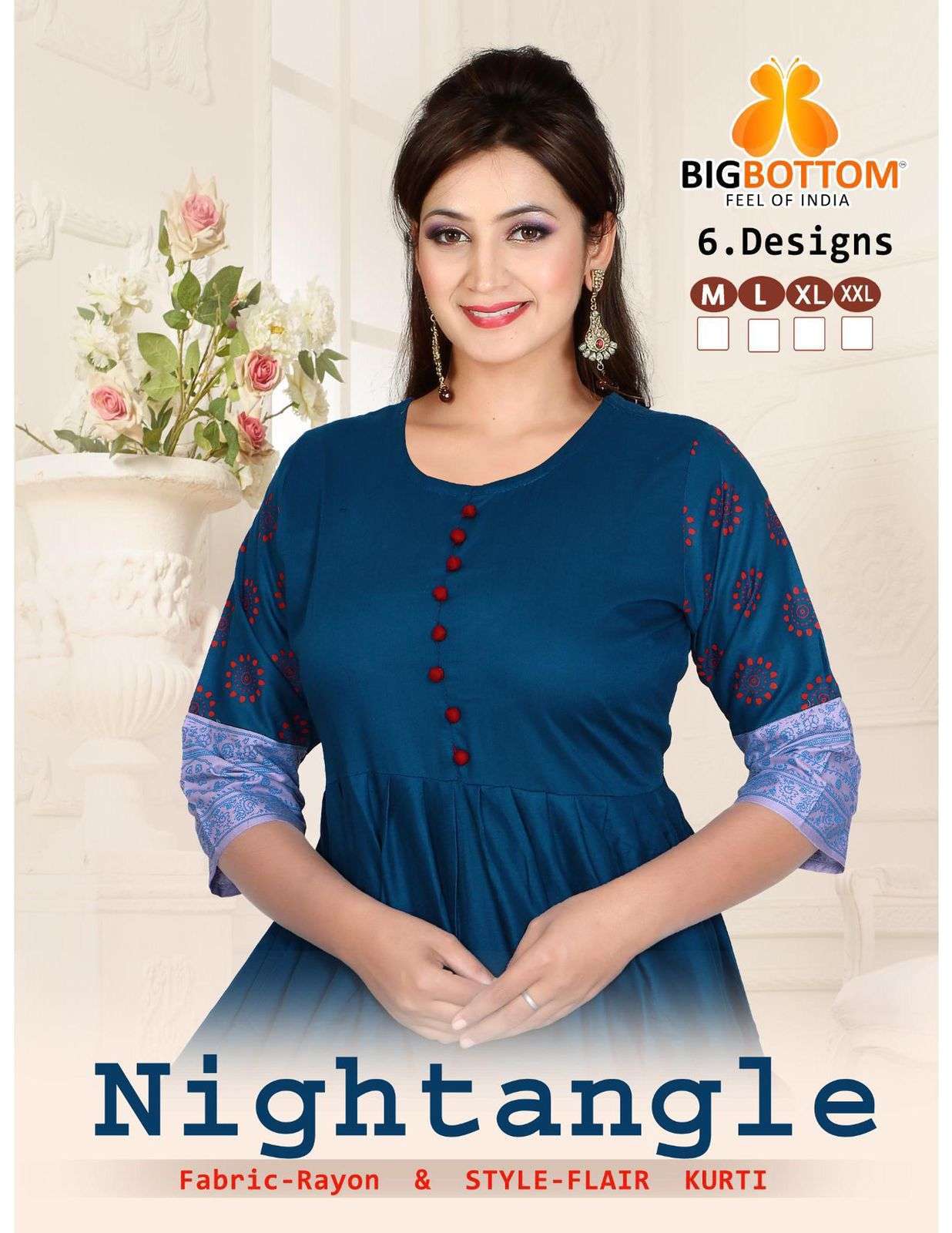 Big bottom nightangle series 1001-1006 rayon foil Print kurti 