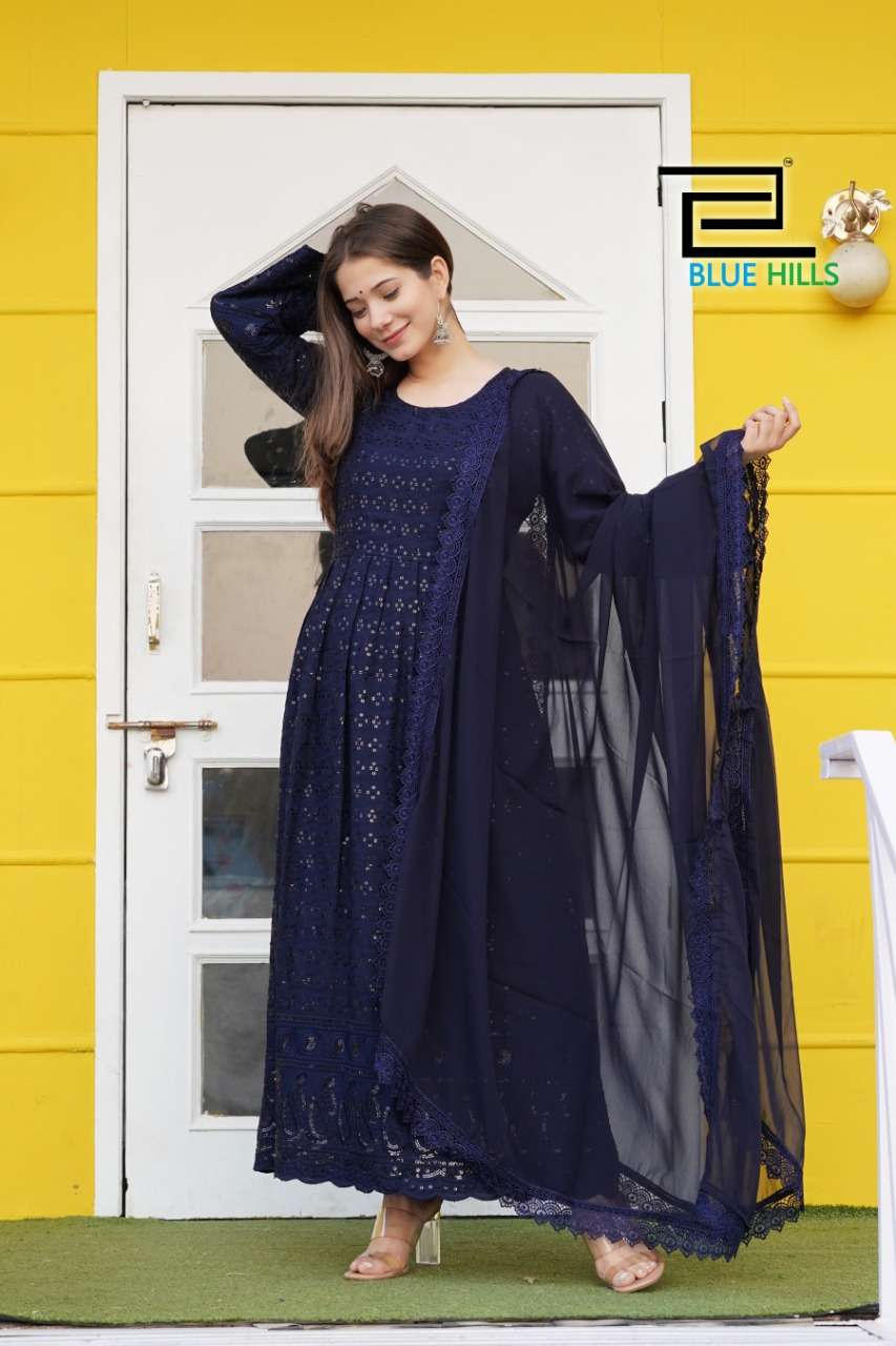 BLUE HILLS ANARKALI GOWN DESIGNER RAYON CHICKEN WORK SUIT 