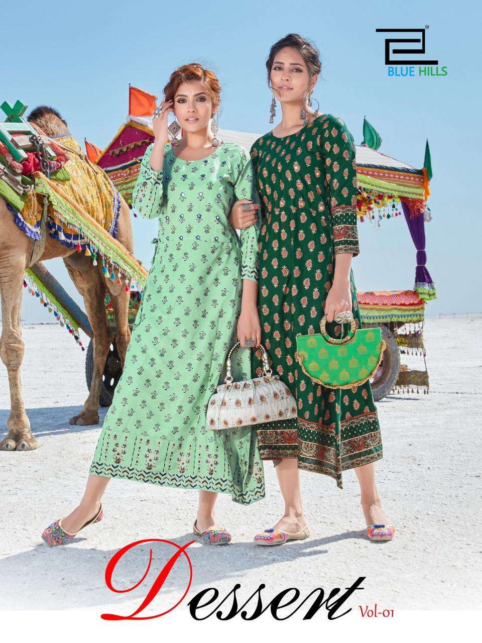 blue hills dessert vol 1 series 101-110 rayon 14kg mirror work kurti 