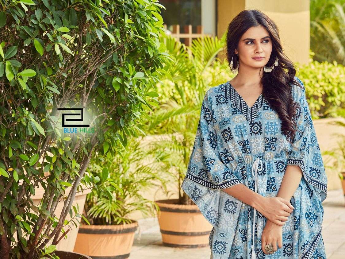 blue hills stare vol 5 series 101-102 14 kg rayon print kaftan with foil