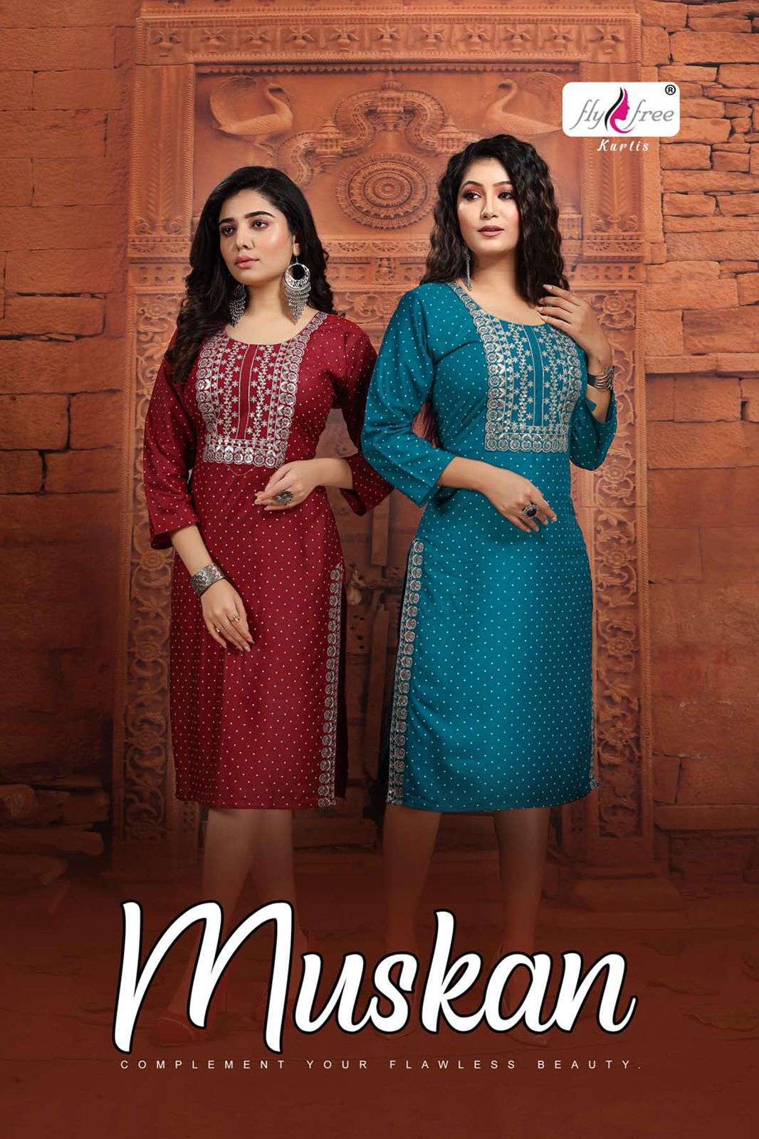 fly free muskan series 1001-1008 rayon sequence embroidery kurti 