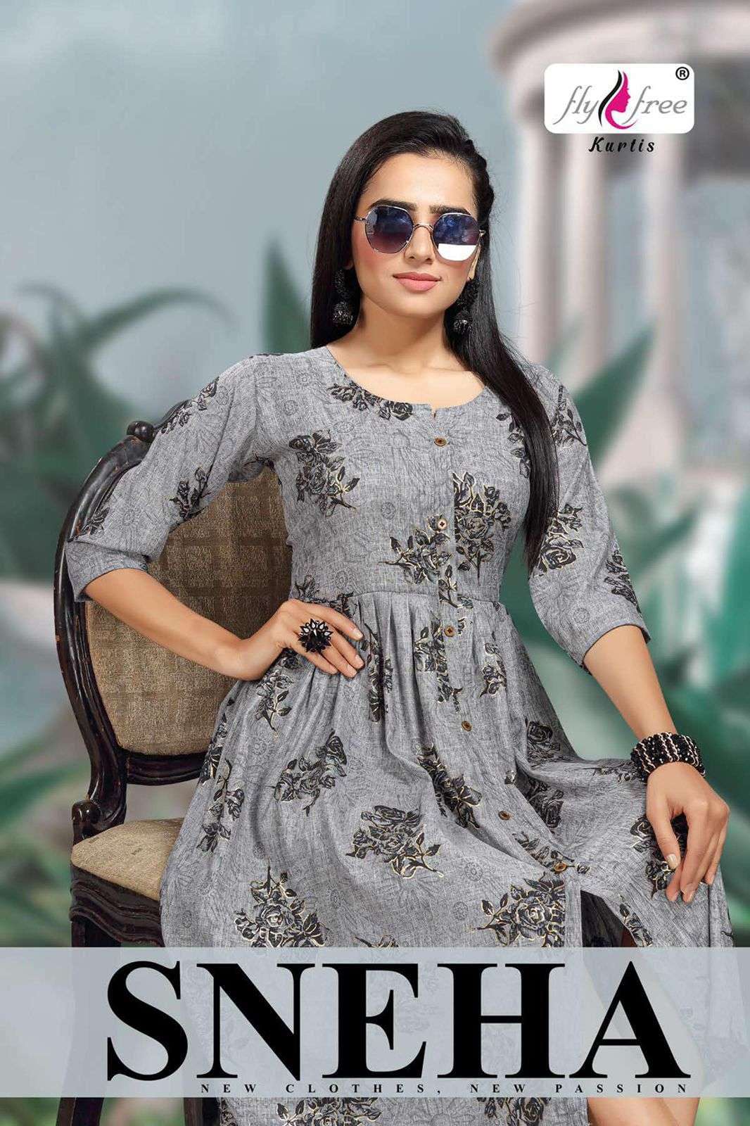 Fly free senha series 1001-1007 rayon procin foil print kurti 