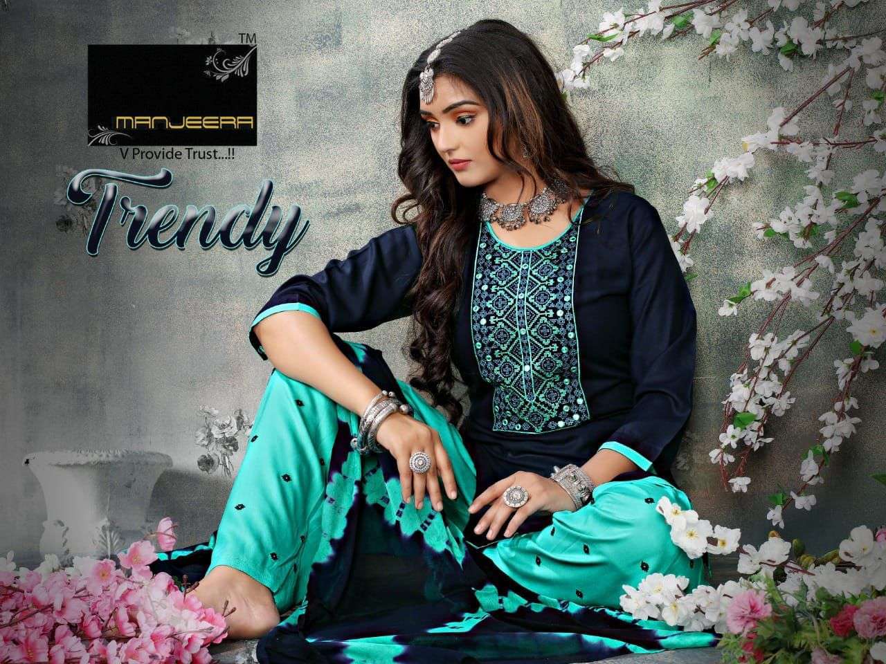 manjeera trendy series 001-008 Rayon work readymade suit 