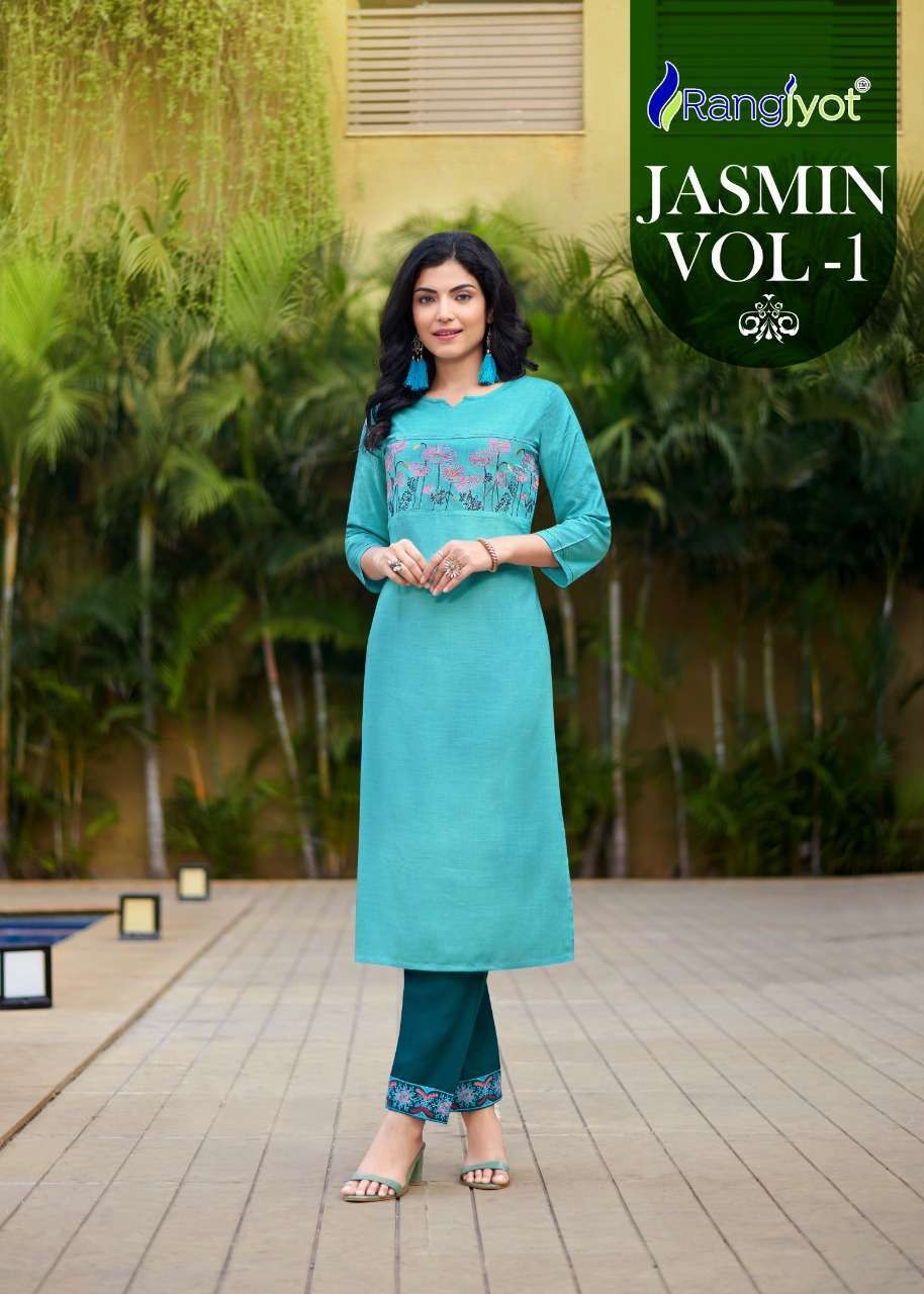 rangjyot jasmin series 1001-1006 14 kg heavy Rayon Milange kurti
