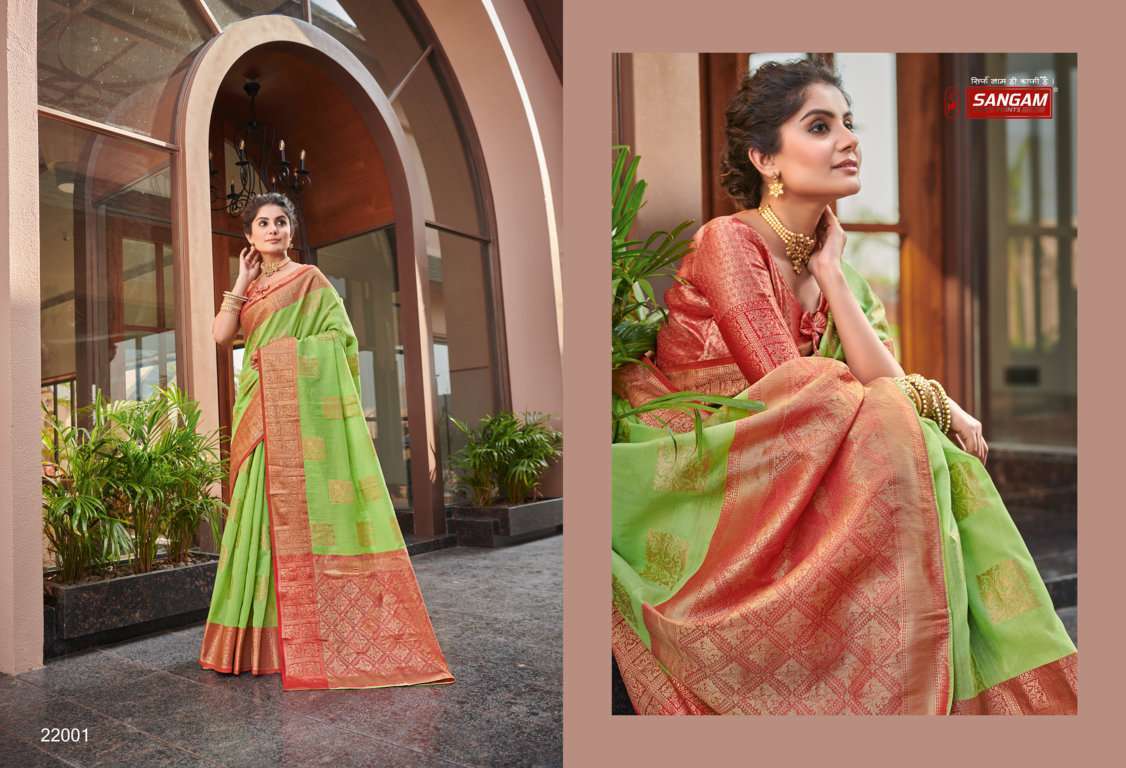 sangam prints dakshmoti series 22001-22006 linen zari woven saree