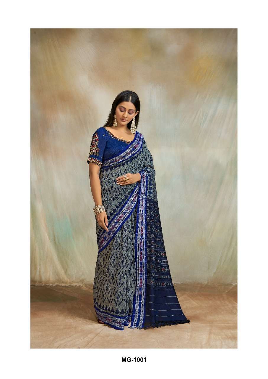 SR PRESENT MAGGAM MUL MUL COTTON IKKAT PRINTED SAREE WITH DESIGNER WORK BLOUSE