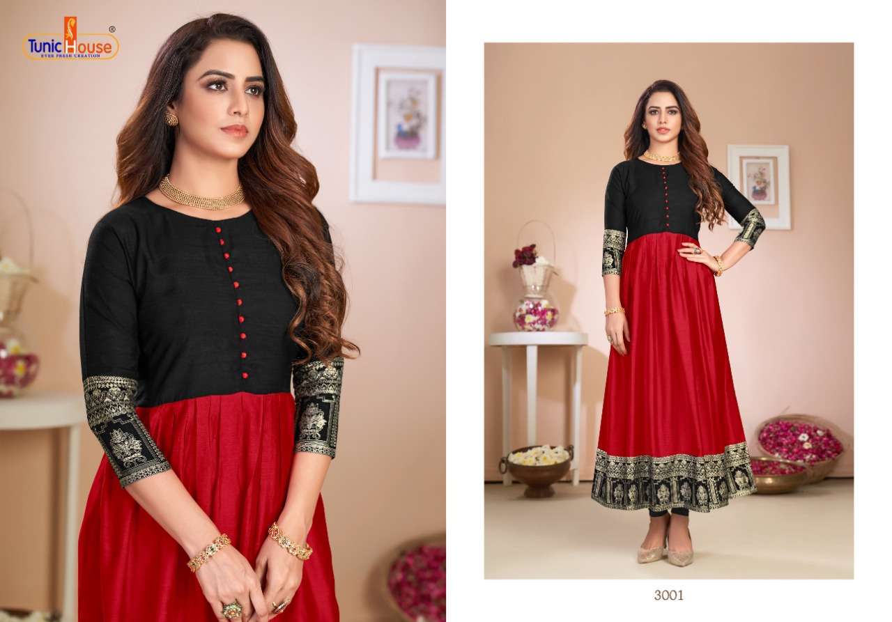 tunic house natraj series 3001-3008 silk fabric with kali and foil print kurti 