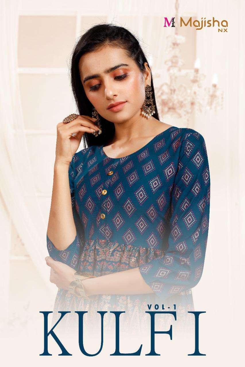 majisha nx kulfi vol 1 series 1001-1008 14 kg rayon kurti