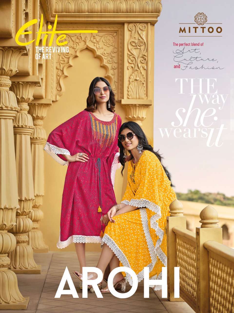 mittoo arohi series 1001-1006 Rayon Print kaftan with cotton Lace