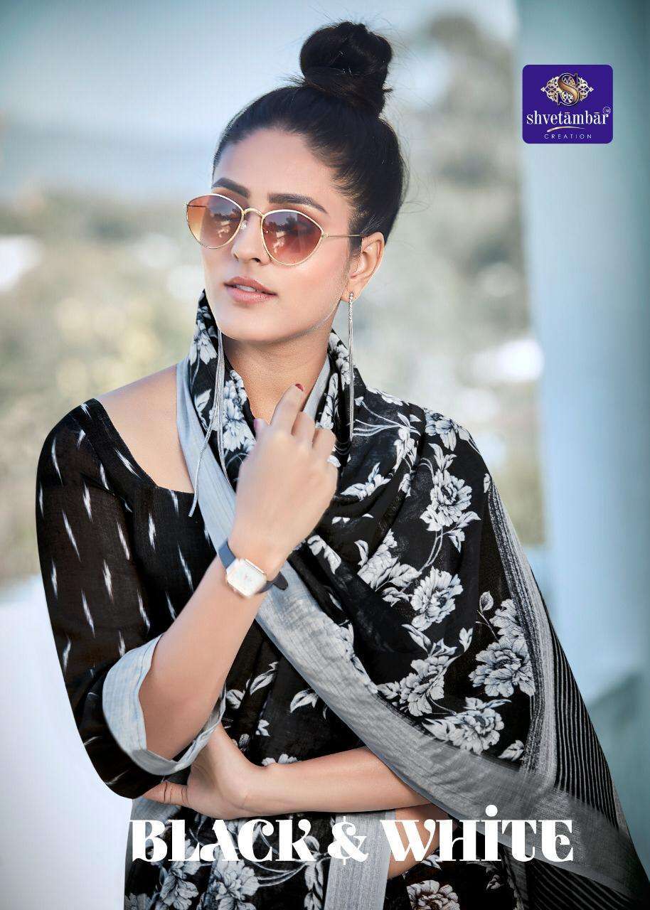 shvetambar black & white series 01-09 linen silver zari saree