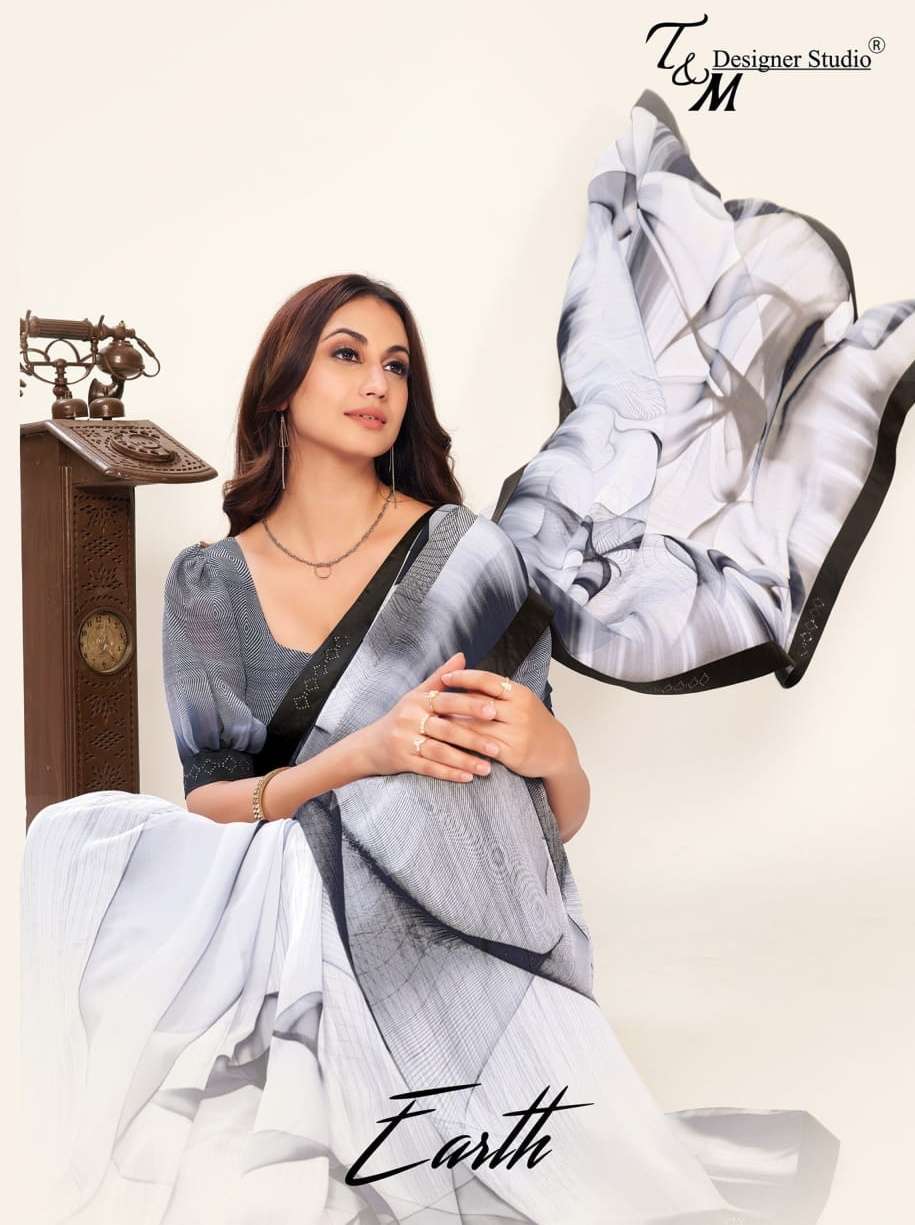 t&m designer earth series 009-020 georgette black & white saree