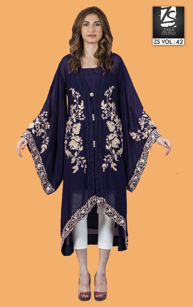 zara studio vol 42 georgette exclusive fancy long kurti with koti & pant pair