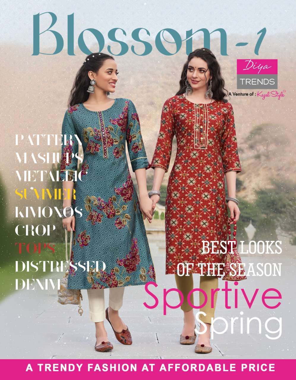 diya trendz blossom vol 1 series 1001-1011 heavy chanderi foil print kurti 