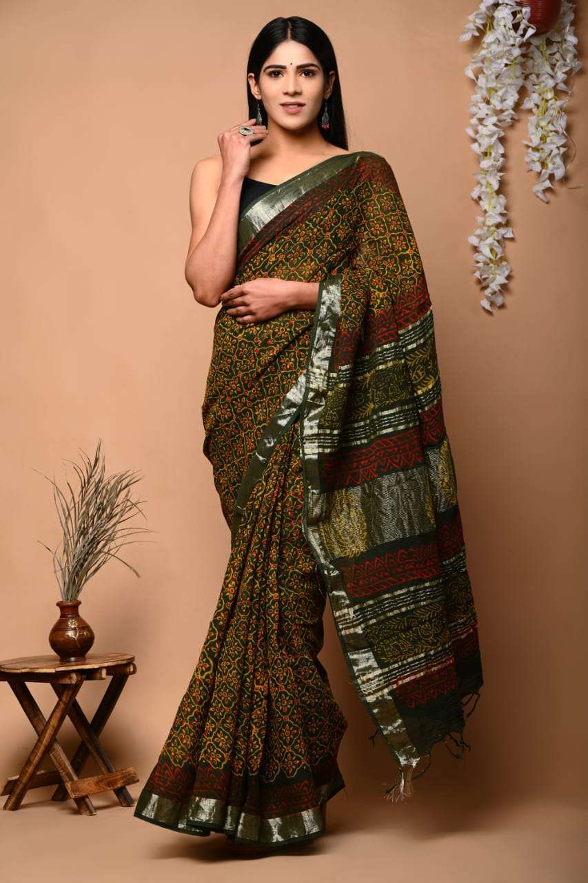 kc pushpa vol 3 hand block printed soft linen fabric cotton slub saree