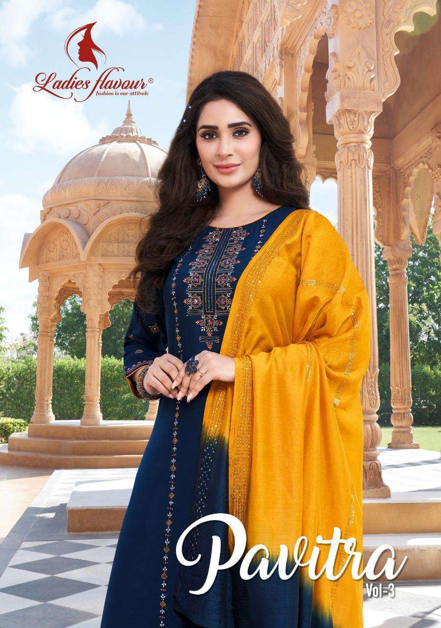 ladies flavour pavitra vol 3 series 1001-1006 14 kg heavy rayon readymade suit