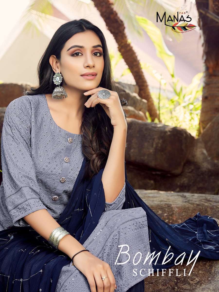 manas bombay schiffli series 1001-1006 Heavy Chinon readymade suit 