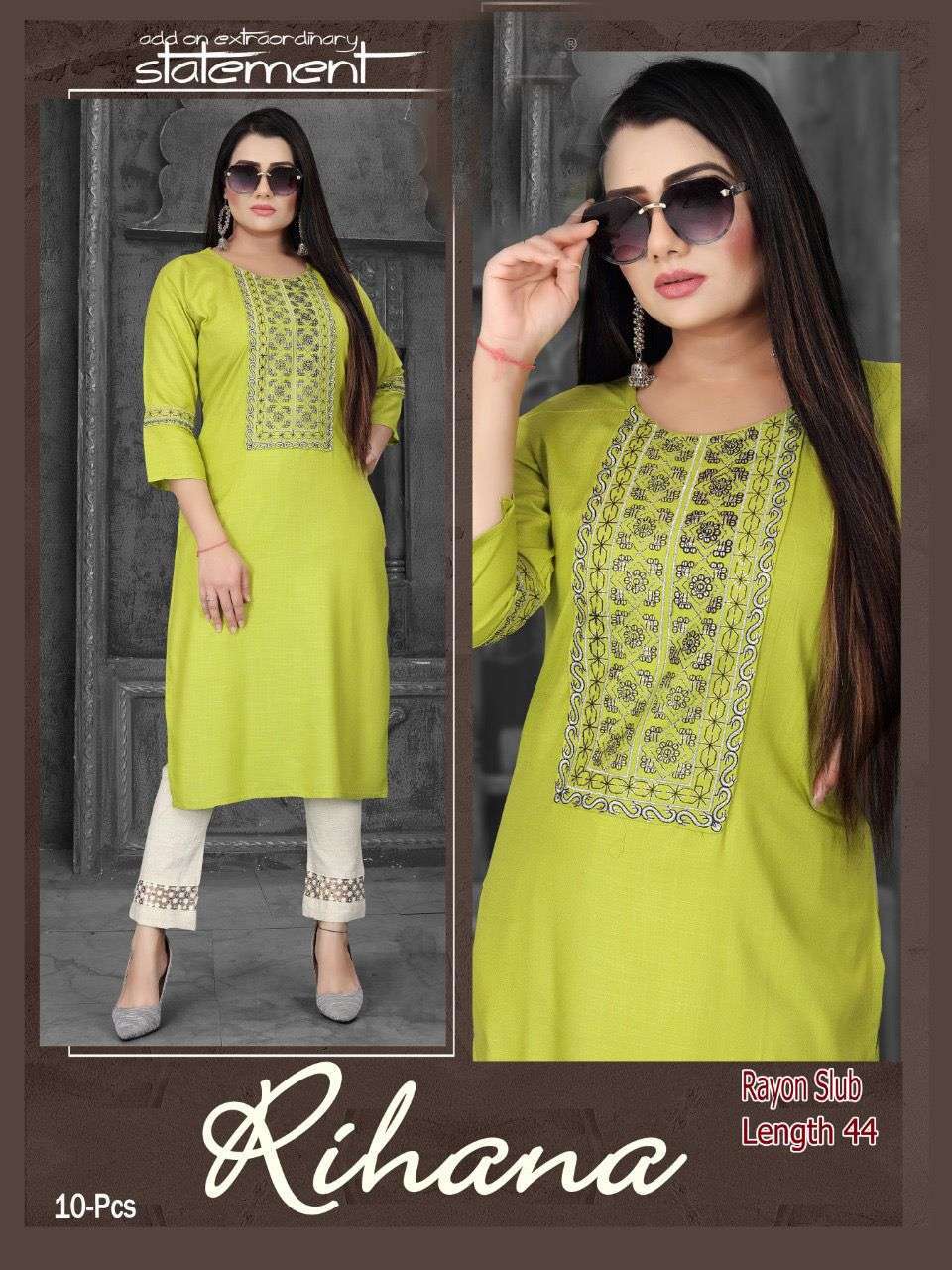 rihana series 01-10 rayon slub embroidered sequence work kurti 