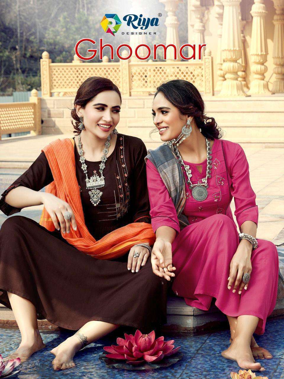 riya designer ghoomar series 1001-1005 rayon 14 kg kurti with dupatta