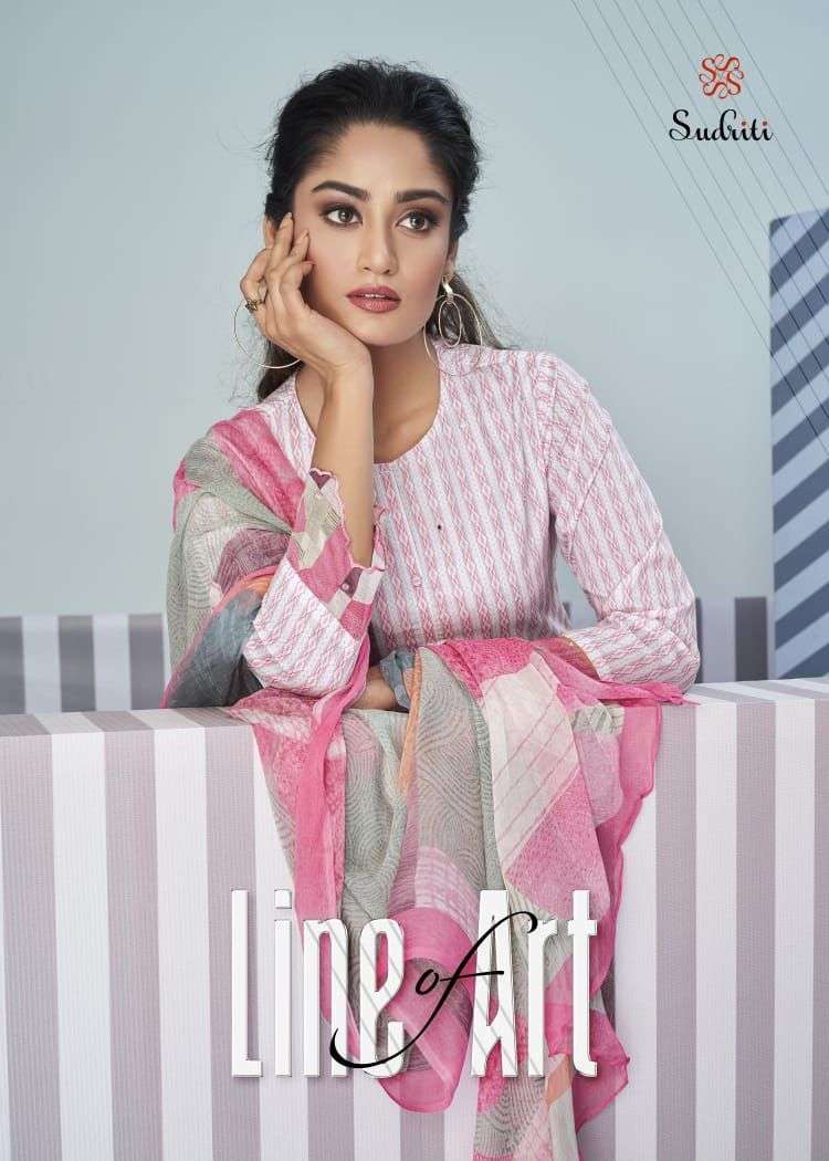 sudriti line of art pure cotton print organza silk suit