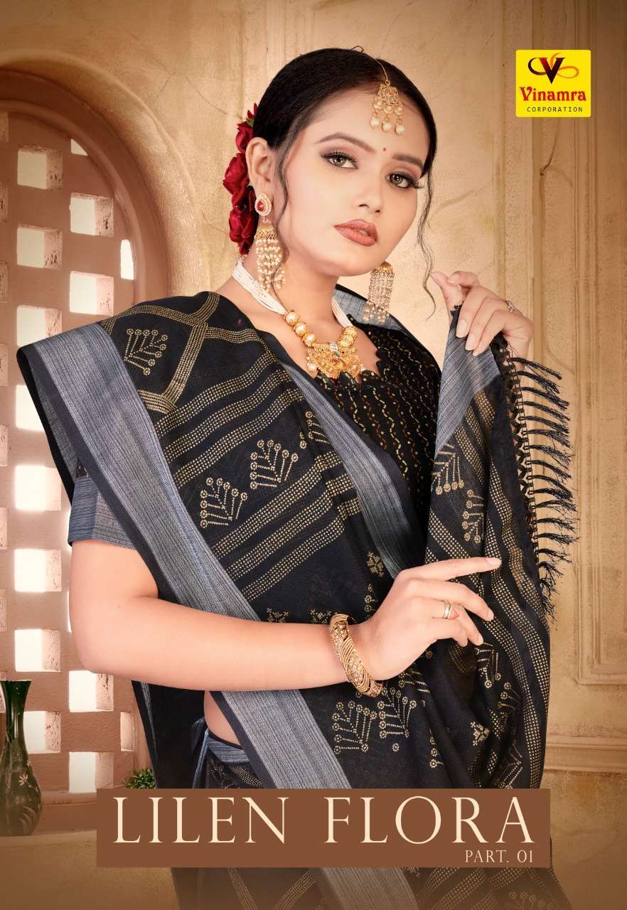 vinamra lilen flora vol 1 series 1001-1008 linen foil print saree