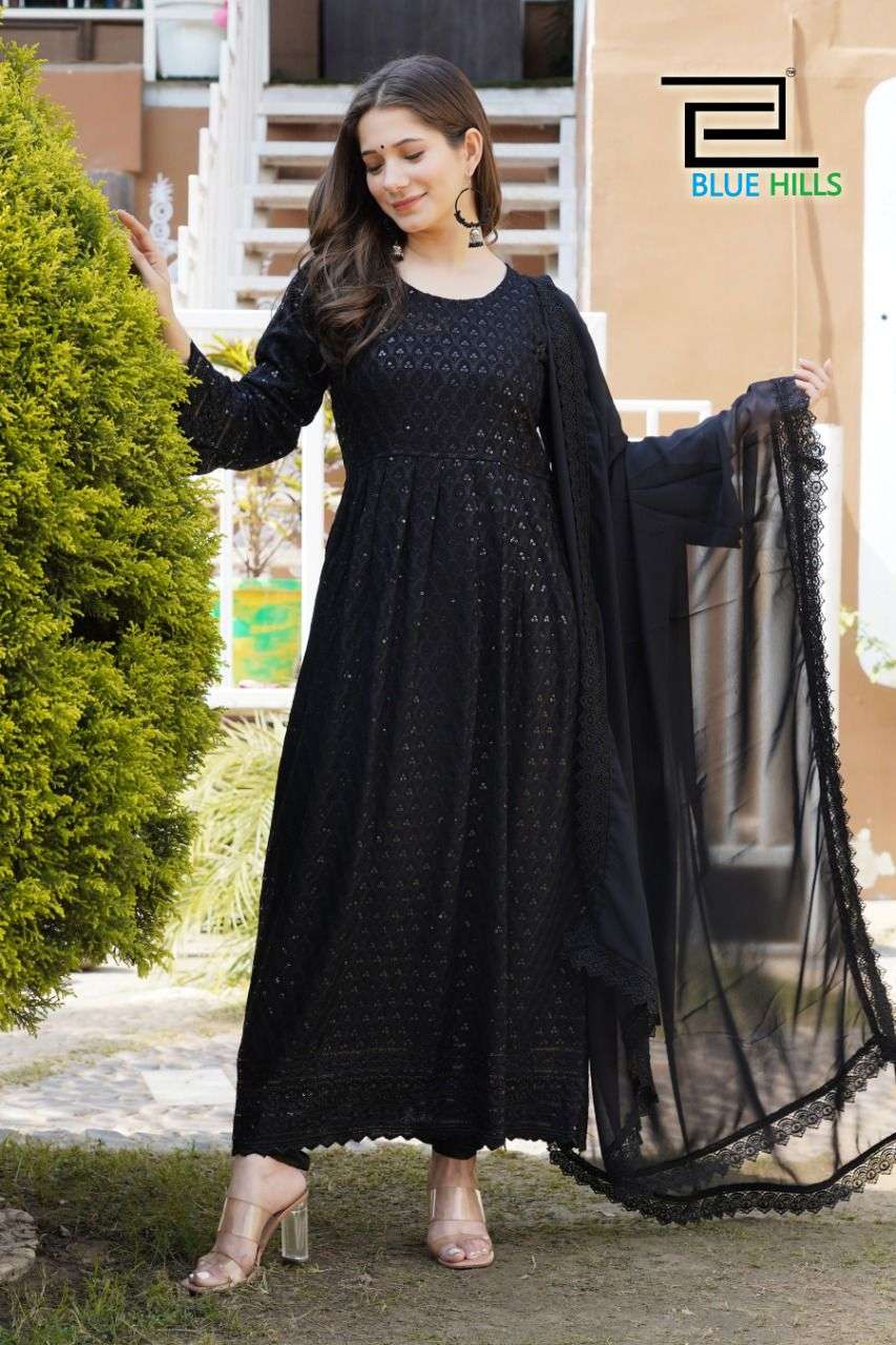 BLUE HILLS ANARKALI GOWN DESIGNER RAYON CHIKAN SUIT 