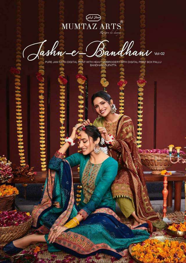 mumtaz jashn e bandhani vol 2 series 6001-6010 pure jam satin suit 