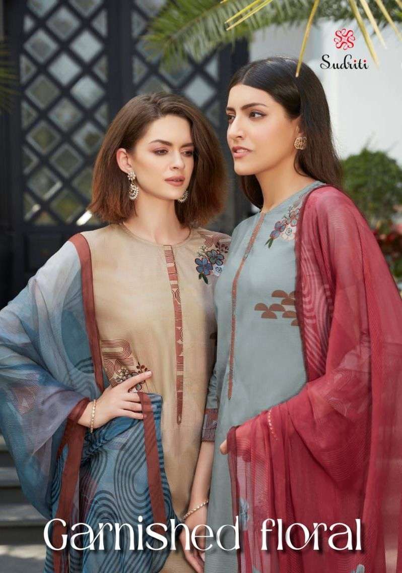 sudriti garnished floral pure cotton digital print suit 