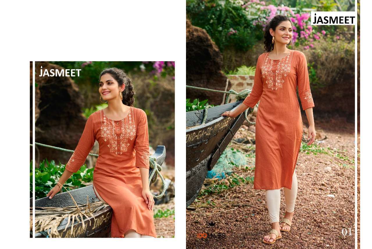 100 miles jasmeet series 01-04 Pure Linen Cotton heavy cross work kurti