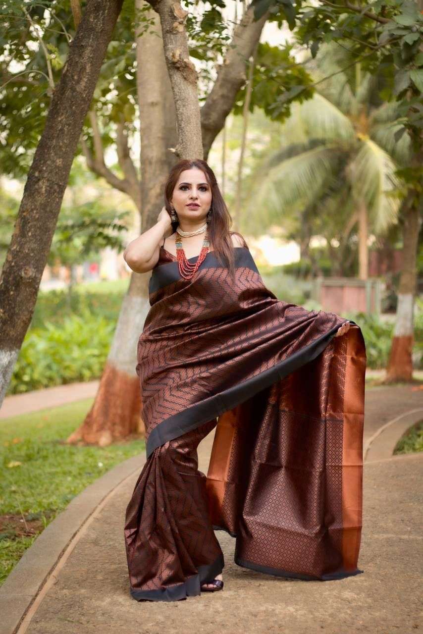 BT-02 DESIGNER SOFT LICHI SILK SAREE WITH BLACK COPPER ZARI WEAVING 