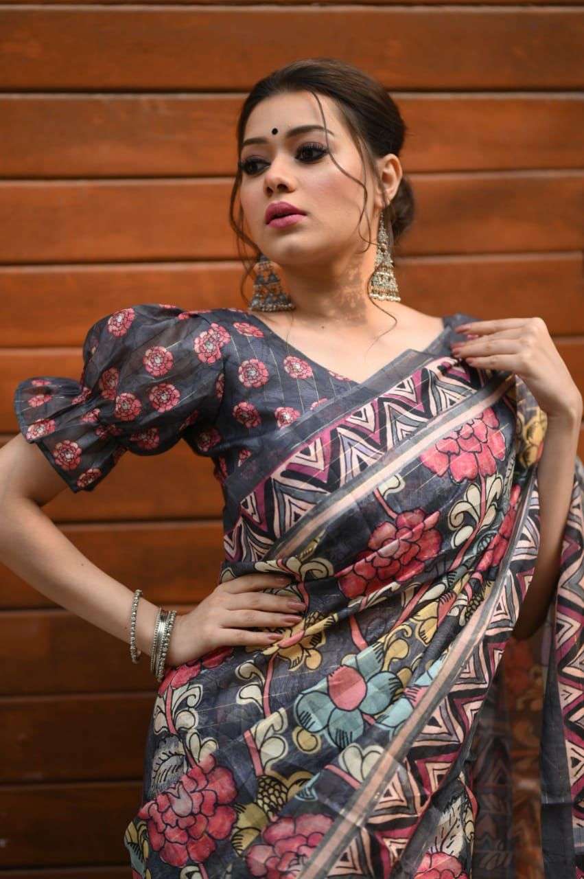 BT-10 DESIGNER SOFT LINEN COTTON SAREE WITH KALAMKARI PRINT 