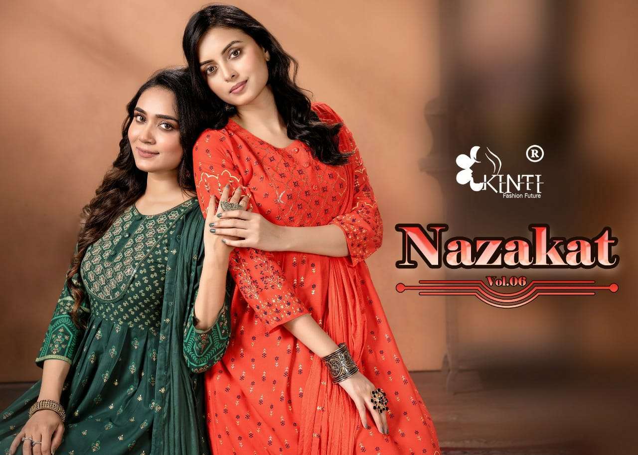 kinti nazakat 6 series 601-606 chinon kurti with dupatta