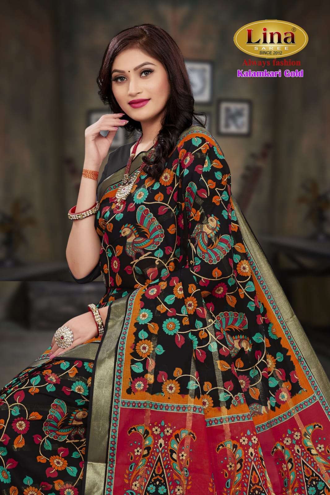 lina sarees kalamkari gold series 2671-2680 cotton printed saree