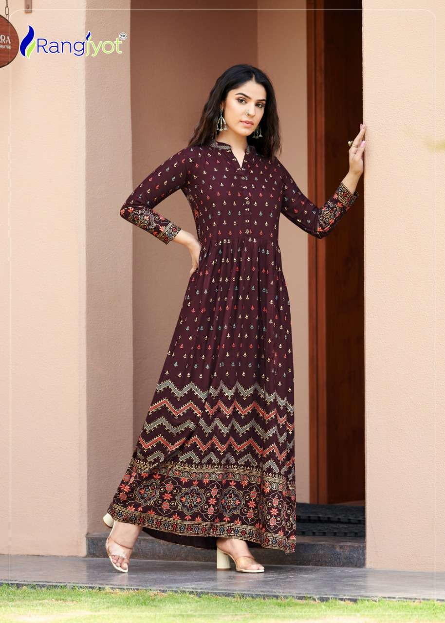 Rangjyot sehnaaz vol 5 series 501-508 14 kg rayon long kurti 