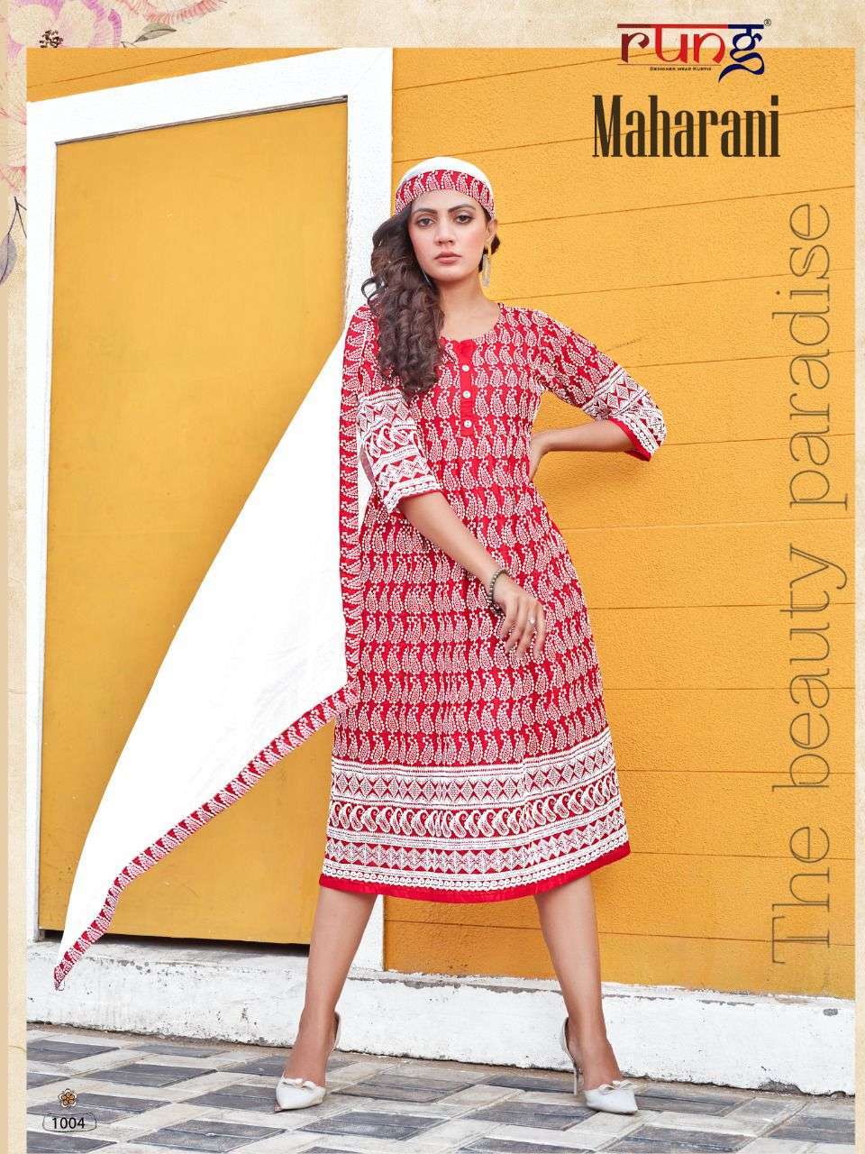 rung maharani series 1001-1008 chicken rayon kurti with dupatta 