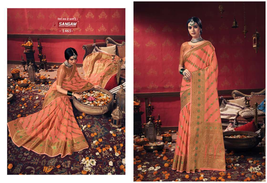 sangam prints rashmika series 1465-1470 cotton swarovski stone work saree
