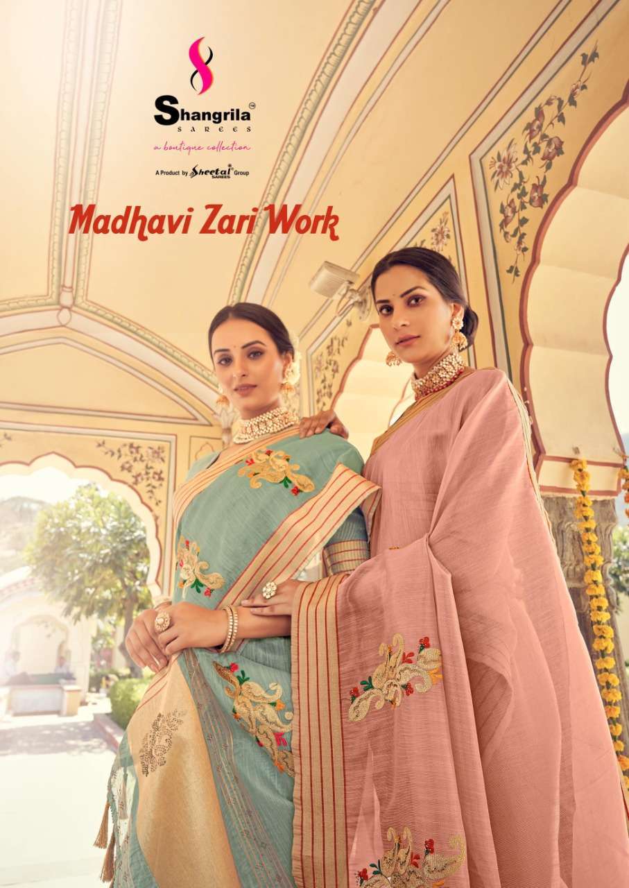 Shangrila madhavi zari work pure zari linen fabric saree