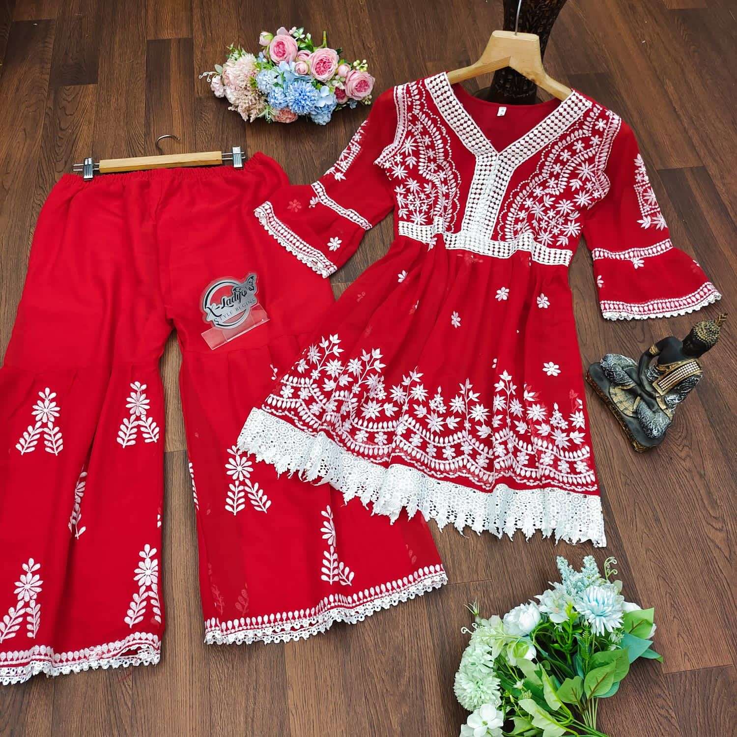 X-LADY REDISH DESIGNER GEORGETTE TOP WITH GHARARA 