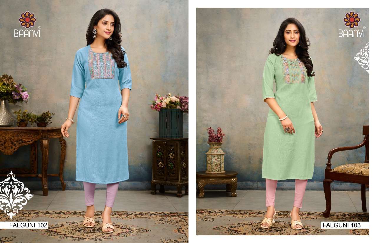 baanvi falguni vol 1 series 101-104 namo slub embroidery kurti 