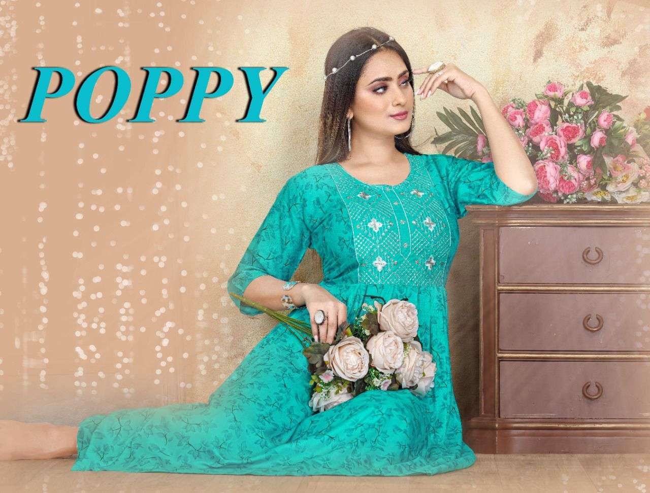 beauty queen poppy vol 1 series 6001-6008 14 kg heavy rayon kurti