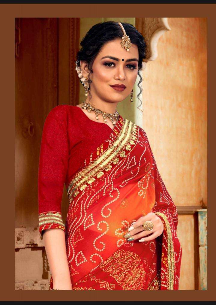 kc resham georgette bandhej print with work lace pattern