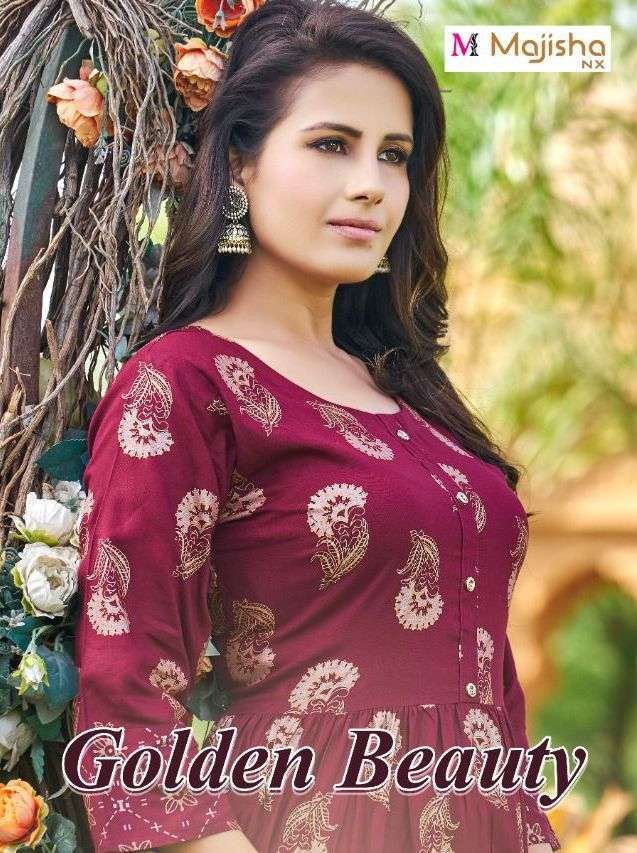 majisha nx golden beauty rayon foil printed long gown supplier