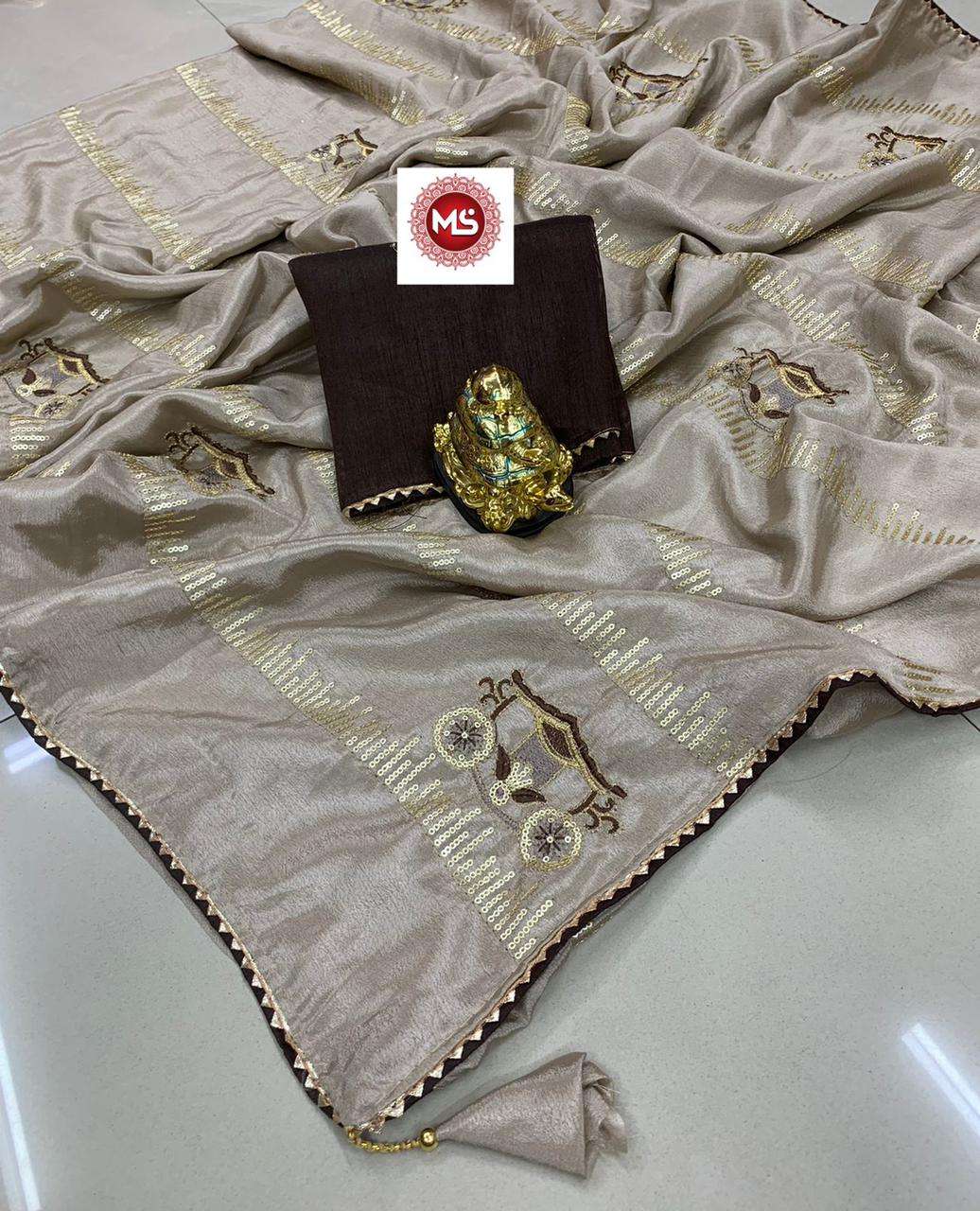 MS BRAND CHINON SEQUINS VOL 3 DESIGNER PURE CHINON SILK SAREE 