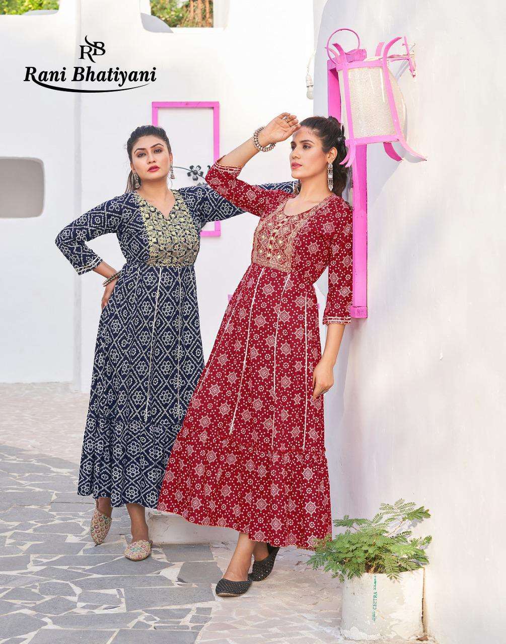 rani bhatiyani bandhani vol 1 series 1001-1008 14 kg rayon kurti 